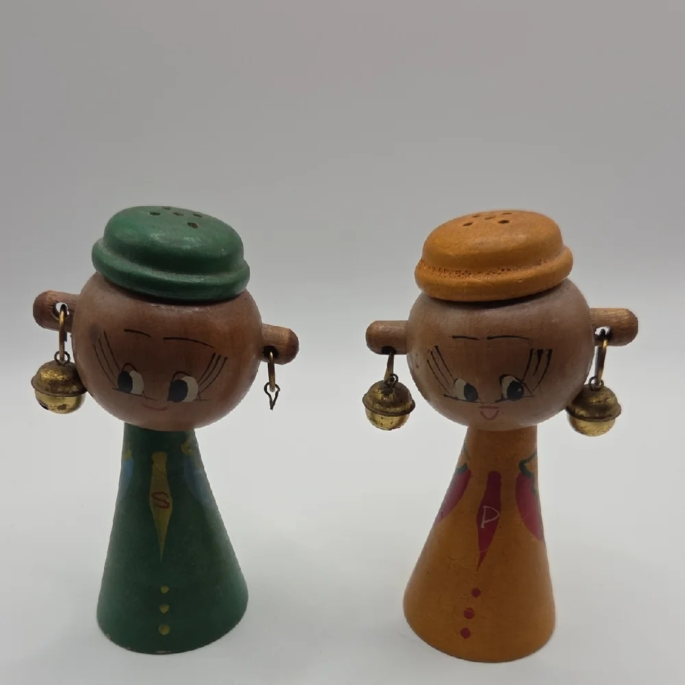 Salt and Pepper Shakers Set - Wooden People Green and Brown